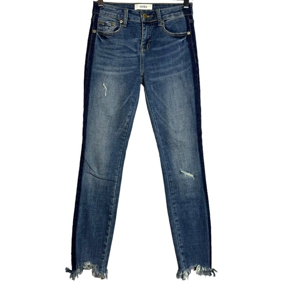 Pistola Audrey Side Stripe Distressed Skinny Blue Jeans High Rise Frayed Hem 24 - Picture 1 of 16
